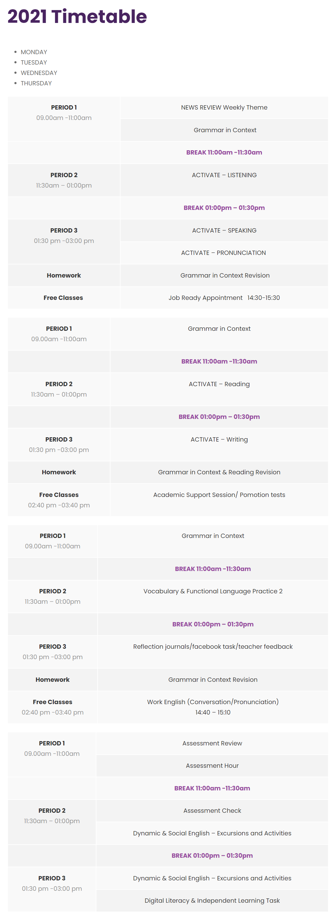 Ozford College Time Table